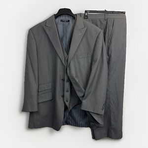 Majestick 3 Piece Suit Men's‎ 44R Jacket Blazer Gray Stripe Vest Pants 38X26.5